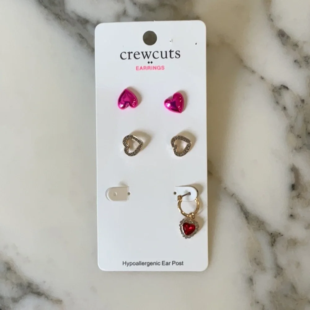 NWT Crewcuts Girls' heart earrings set-of-three one out of six earrings missing